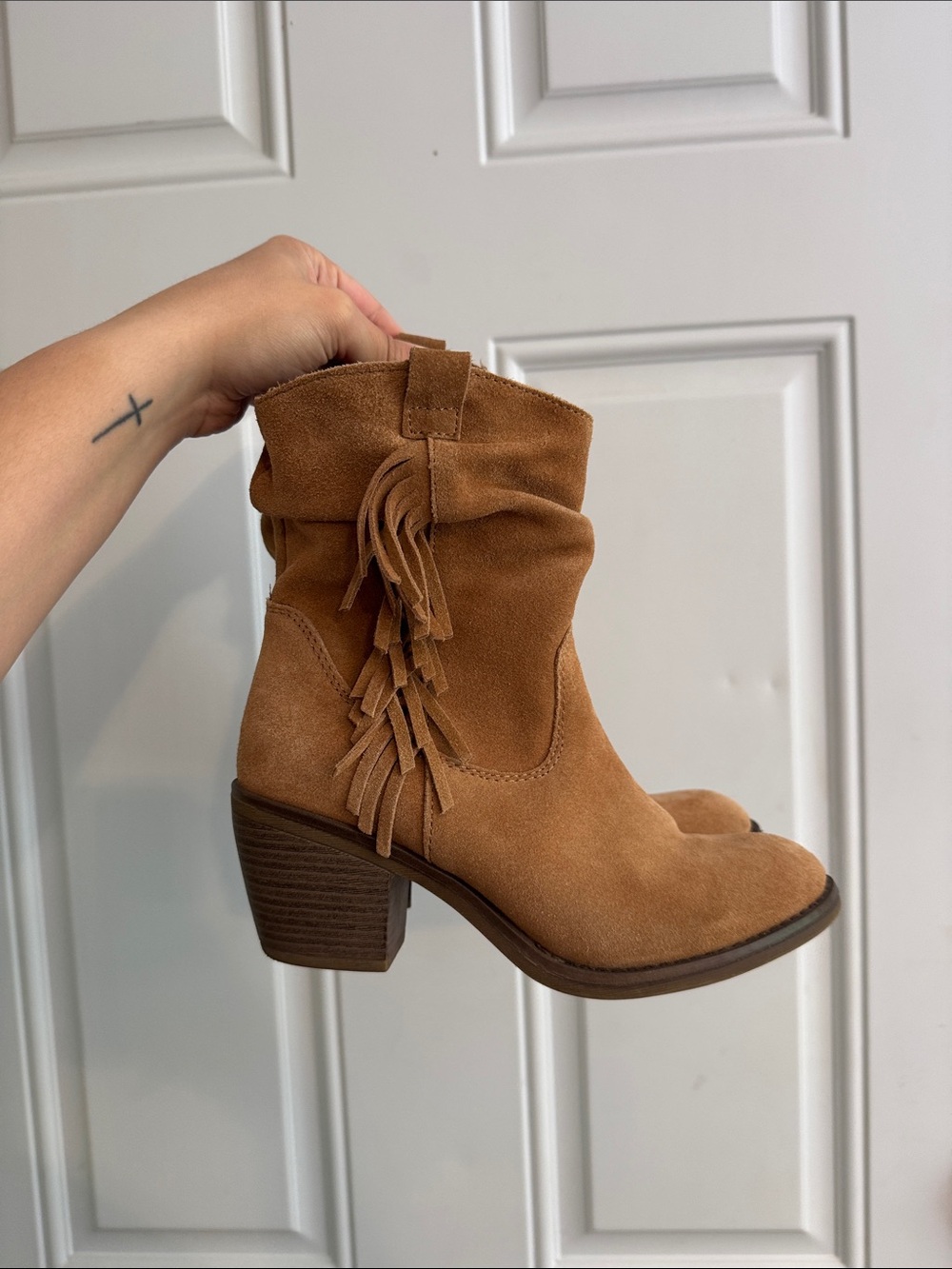 Fringe Suede Ankle Bootie in Tan